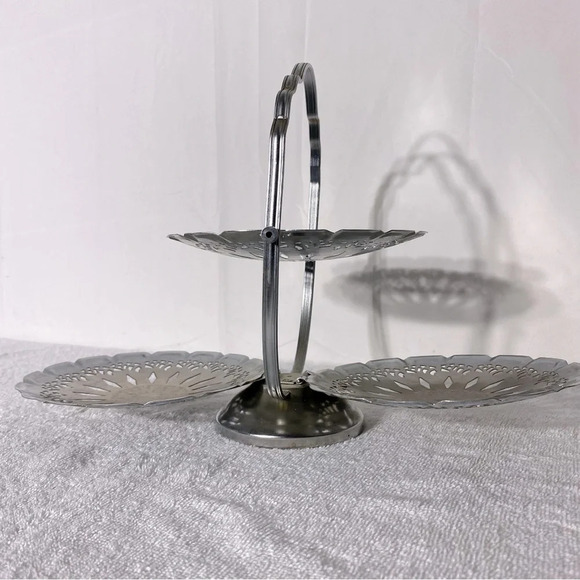 Vintage Silver Tone Three Tier Folding Dessert Sandwich  Serving Tray - Picture 6 of 16
